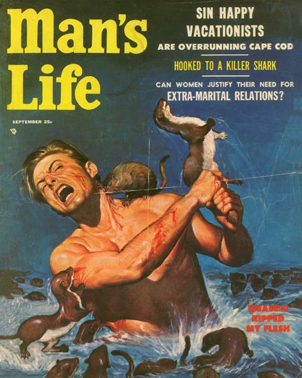 bite blood bodily_fluids feral group male pulp tail text will_hulsey man's_life weasels_ripped_my_flesh human least_weasel mammal mustelid musteline true_musteline weasel 1956 20th_century ancient_art cover cover_art cover_page english_text magazine_cover