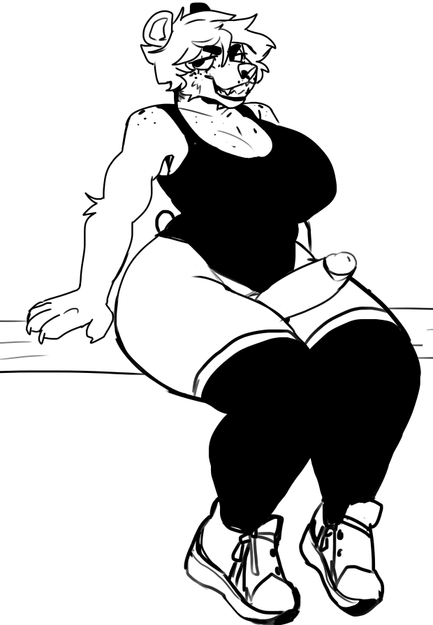 anthro big_breasts big_penis breasts clothed clothing erection footwear genitals gynomorph intersex legwear penis shoes smile smirk solo teeth thick_thighs thigh_highs zerkain bear mammal black_and_white monochrome