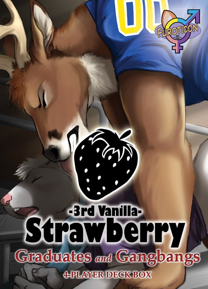 advertisement all_fours anthro anthro_on_anthro ass_up bench clothing doggystyle duo eyes_closed food from_behind_position fruit inside locker_room male male/male open_mouth plant sex shirt side_view strawberry text topwear trading_card_game whiskers blackteagan furoticon boy_toy deer mammal mouse murid murine rodent english_text