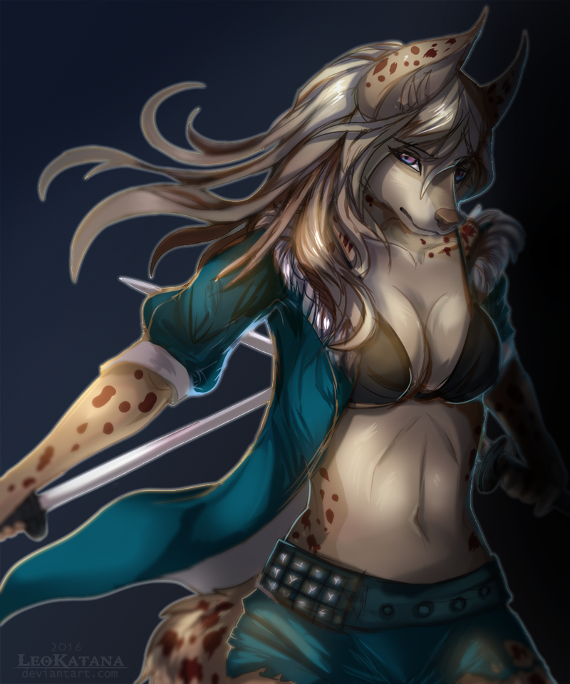 anthro belt black_background breasts brown_body brown_fur brown_hair brown_nose clothed clothing female fur hair jacket katana long_hair looking_at_viewer melee_weapon multicolored_hair navel purple_eyes simple_background solo spots sword text topwear two_tone_hair weapon white_hair leokatana canid canine canis felid feline hybrid lynx mammal wolf 2016 5:6 english_text