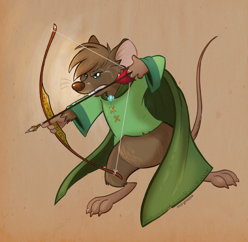 aiming anthro archery arrow_(weapon) blue_eyes bow_(weapon) brown_hair cloak clothing hair holding_object holding_weapon male ranged_weapon solo tail weapon marymouse redwall mammal mouse murid murine rodent