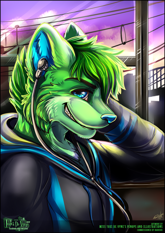 afternoon anthro arm_support bent_arm blue_eyes blue_inner_ear_fluff blue_nose building city cityscape clothed clothing cloud countershading earbuds elbow_on_furniture electronics fully_clothed fur glistening glistening_body glistening_eyes glistening_fur glistening_hair green_body green_countershading green_fur green_hair green_text hair hand_on_head headphones hoodie in_railcar inner_ear_fluff iris light_body listening_to_music logo looking_at_viewer male moving_vehicle music passenger_railcar portable_music_player public_transportation pupils purple_sky rail_transit railcar railway railway_track resting_head side_view sitting sky smile smirk solo sunset text topwear train tuft urban utility_line utility_pole vehicle window window_seat year toxi_de_vyne_(artist) apple_inc. ipod baroshi_(baroshi) canid canine canis mammal wolf 2017 artist_logo artist_name bust_portrait commissioner_name dated digital_media_(artwork) digital_painting_(artwork) english_text portrait shaded signature soft_shading url