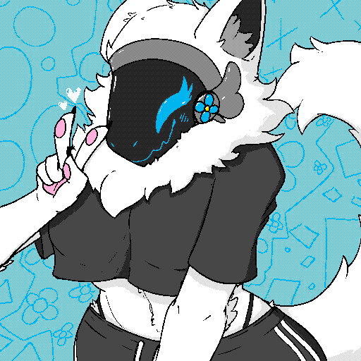 anthro black_clothing blue_accents blue_eyes breasts casual_clothing clothed clothed_breasts clothing female fluffy fur gesture hand_gesture machine pawpads pixelated protogen_visor smile solo v_sign white_body white_fur wide_hips purrmystique protogen 1:1