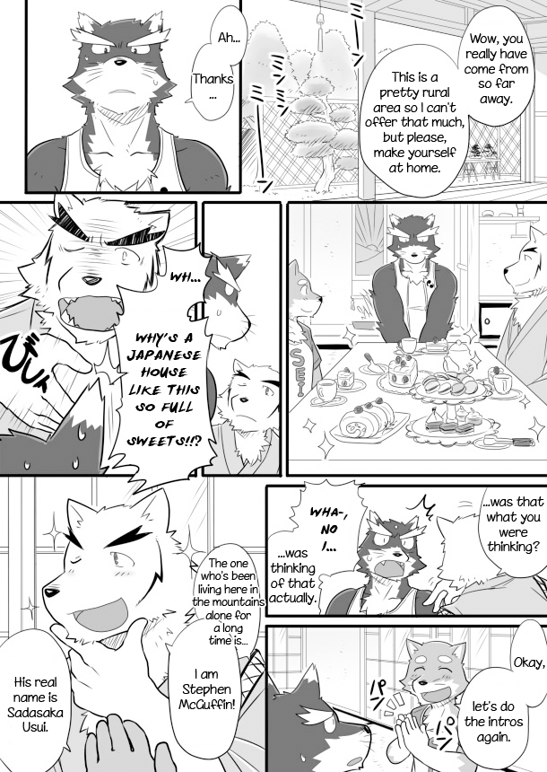 anthro biceps black_body black_fur chest_tuft clothing dialogue food fur male muscular shirt tank_top text topwear tuft white_body white_fur cotton_(artist) tooboe_bookmark natsume_(tooboe_bookmark) nitobe sadasaka_usui stephen_mcguffin canid canine canis domestic_dog mammal comic english_text greyscale monochrome