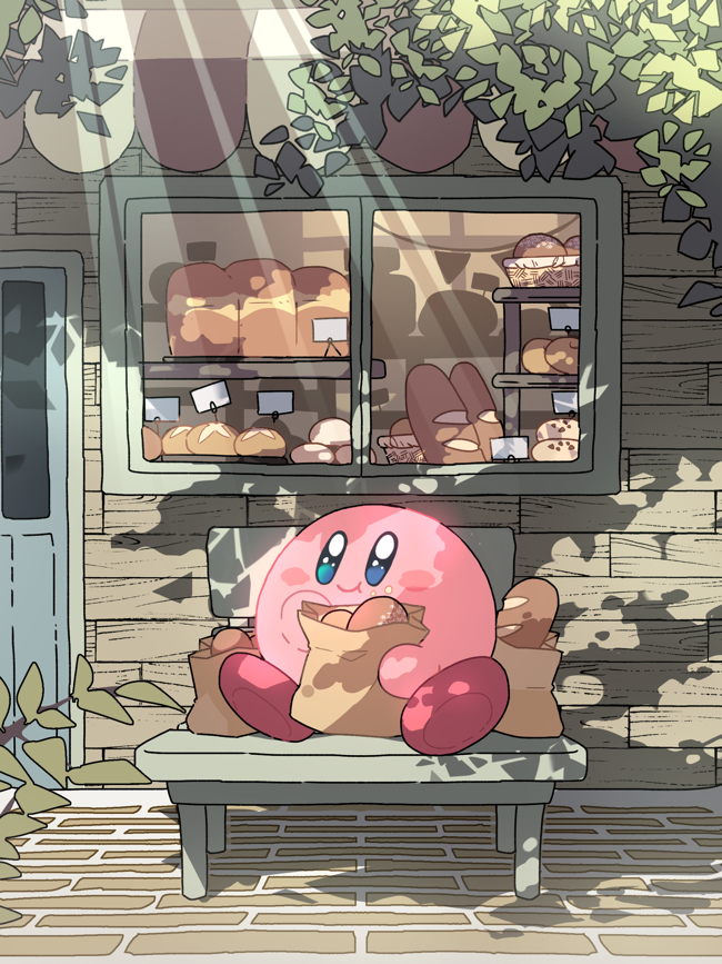 awning bag baguette bakery bench blue_door blue_eyes bread bread_loaf day detailed_background display_case door food leaf light light_beam outside paper_bag pink_body plant sitting smile solo sparkles sparkling_eyes store storefront sunbeam sunlight tree mutekyan kirby_(series) nintendo kirby waddling_head 2022