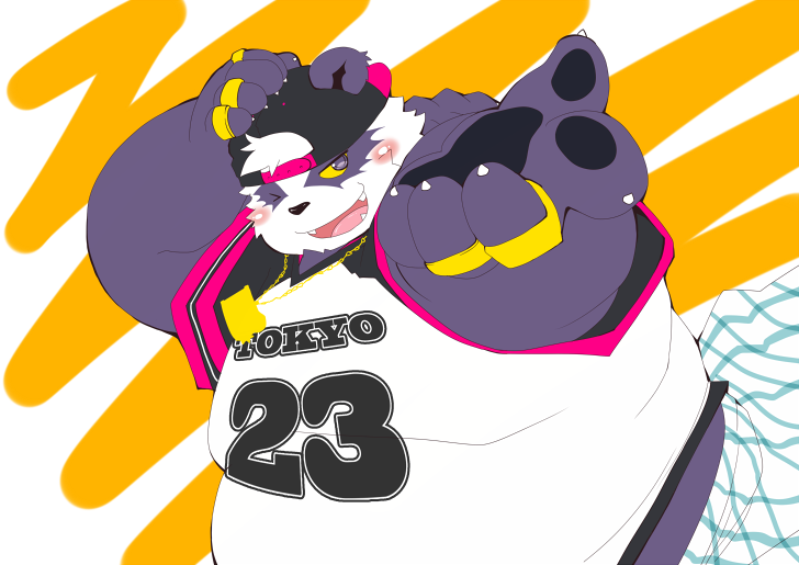 anthro belly blush clothing cute_fangs fangs fur humanoid_hands male one_eye_closed overweight overweight_anthro overweight_male purple_body purple_fur shirt solo teeth text topwear wink tomoyamaru lifewonders tokyo_afterschool_summoners alp_(tas) bear giant_panda mammal 2019