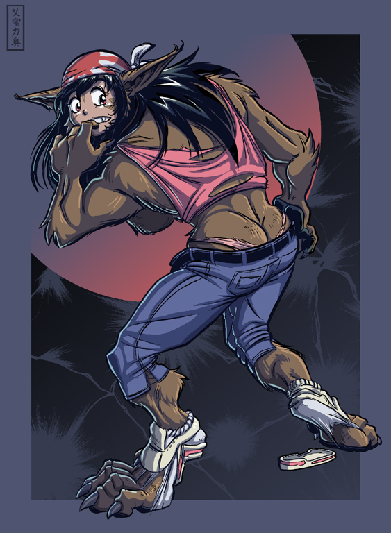 accessory anthro black_hair bottomwear breasts butt clothing denim denim_bottomwear denim_clothing female hair hand_on_butt headband jeans pants scared solo torn_clothing transformation solidasp mythology canid canine mammal mythological_canine mythological_creature werecanid werecanine werecreature werewolf 2005