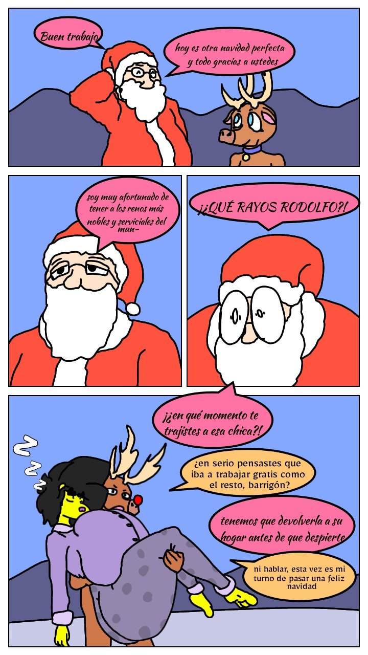 anthro antlers big_breasts border breasts duo female holidays horn huge_breasts male sleeping surprise text white_border kuge christmas piku_(kuge) rudolph_the_red-nosed_reindeer santa_claus caviid deer guinea_pig human mammal new_world_deer reindeer rodent 9:16 comic hi_res spanish_text