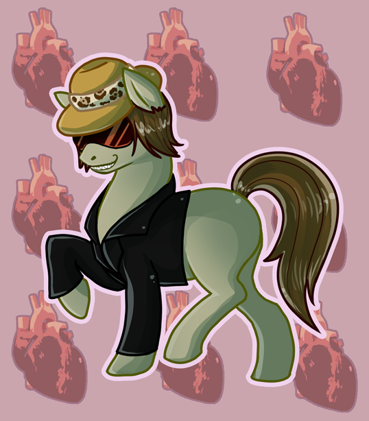 alternate_species clothing eyewear hat headgear headwear heart_symbol jacket leather leather_clothing leather_jacket leather_topwear male ponification quadruped smile solo sunglasses tail topwear letuza hasbro my_little_pony dross_rotzank equid equine horse mammal pony