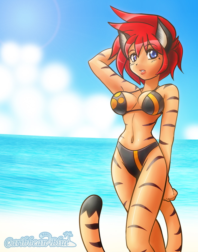 anthro beach big_breasts bikini biped black_stripes blue_eyes breasts clothed clothing detailed_background female fur hair navel orange_body orange_fur outside red_hair sand seaside short_hair sky solo standing stripes swimwear two-piece_swimsuit water nekonny caribbean_blue tina_(caribbean_blue) felid mammal pantherine tiger