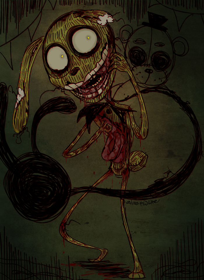 3_toes 4_fingers anthro banner black_nose blood bodily_fluids bunting_(banner) button_(fastener) decoration feet fingers gore green_body long_ears machine male nightmare_fuel notched_ear organs pennant_banner ribbons smile standing teeth toes yellow_eyes atlas-white five_nights_at_freddy's five_nights_at_freddy's_3 scottgames shadow_freddy_(fnaf) springtrap_(fnaf) animatronic lagomorph leporid mammal rabbit robot undead signature