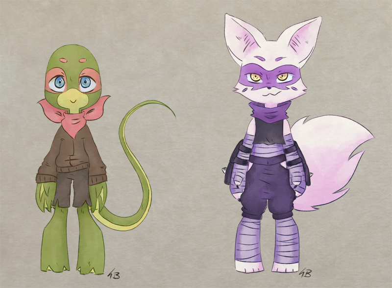 anthro clothing duo female fluffy fluffy_tail looking_at_viewer simple_background tail yellow_eyes unknown_artist teenage_mutant_ninja_turtles alopex mona_lisa_(tmnt) arctic_fox canid canine fox lizard mammal reptile scalie true_fox