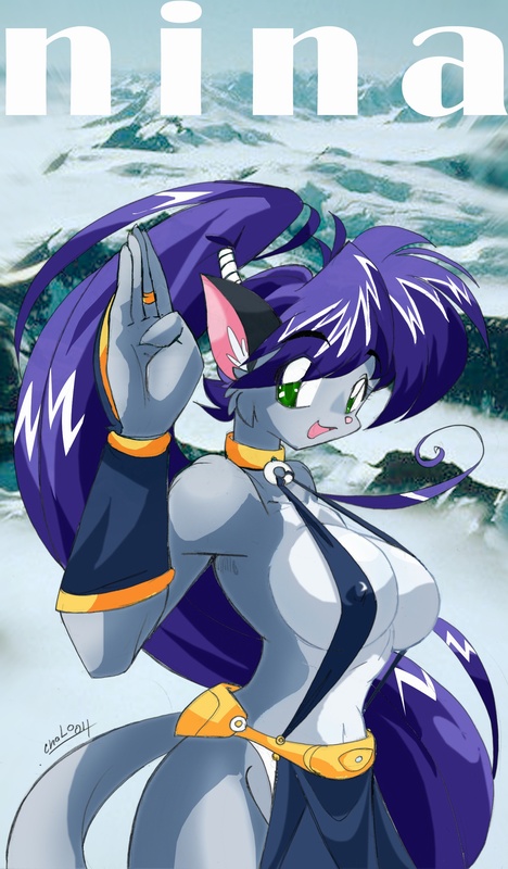 anthro big_breasts bikini blue_body blue_fur bottomwear breasts clothed clothing female fur green_eyes hair huge_breasts loincloth one-piece_swimsuit purple_hair sling_bikini smile solo swimwear two-piece_swimsuit chalo las_lindas nina_(chalo) domestic_cat felid feline felis mammal