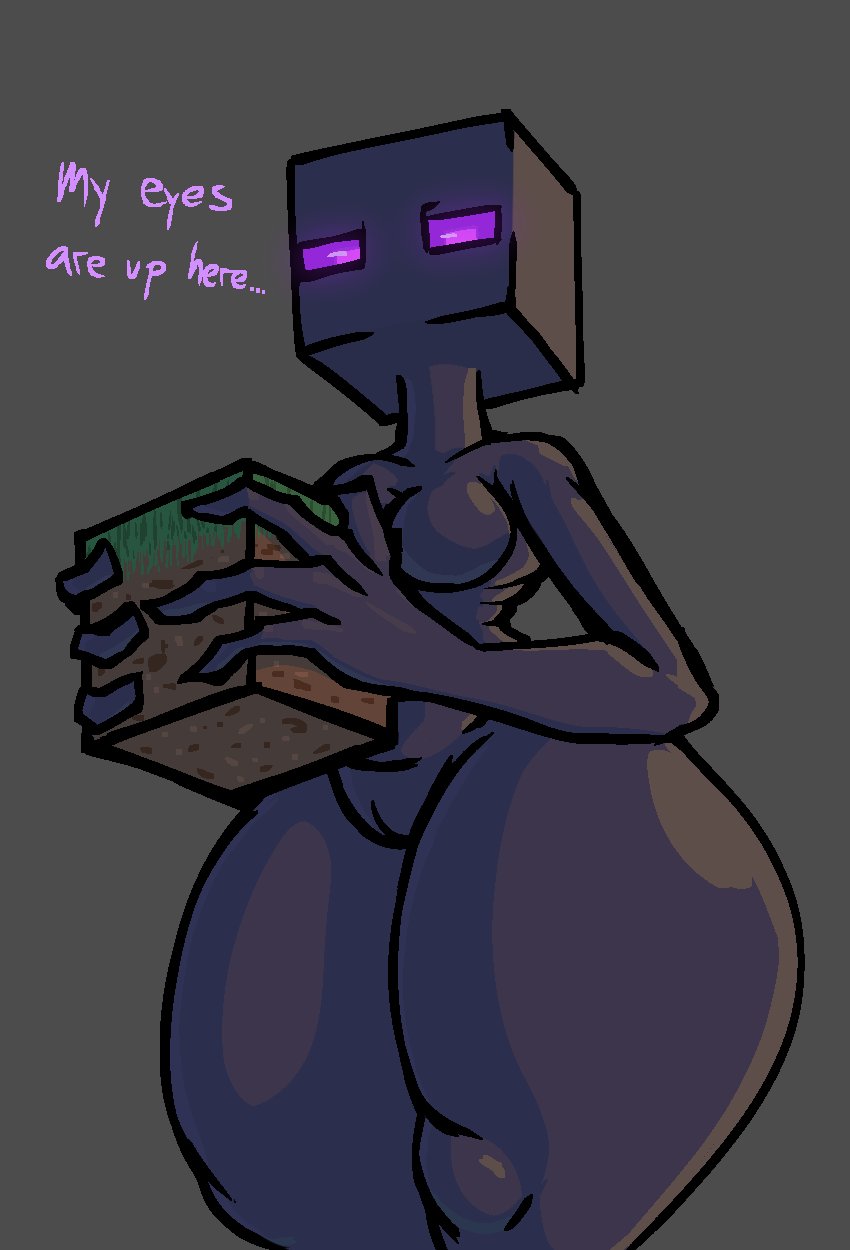 bottom_heavy breasts dialogue featureless_crotch female front_view genitals grey_background holding_object looking_at_viewer mouthless nude purple_eyes simple_background small_breasts solo talking_to_viewer text thick_thighs vulva wide_hips nanodude78 microsoft minecraft mojang xbox_game_studios enderman humanoid english_text hi_res