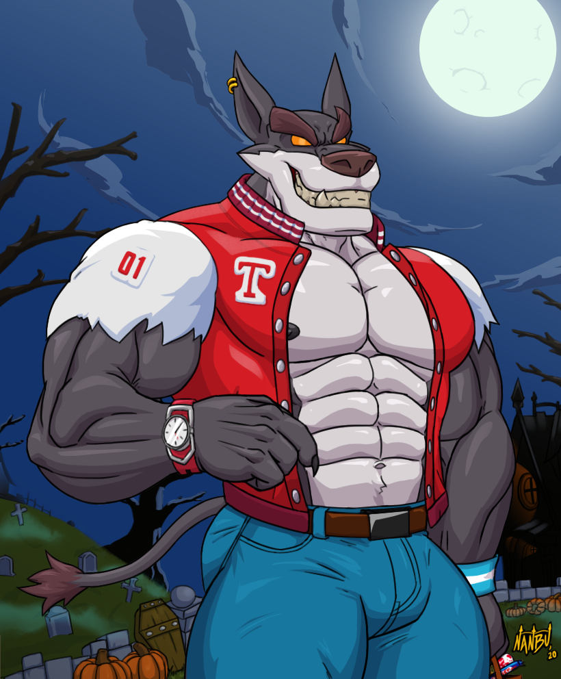 abs alternate_form alternate_species anthro belt big_muscles bottomwear clock clothed clothing ear_piercing ear_ring full_moon holidays jacket male moon muscular muscular_anthro muscular_male night nipples open_clothing open_jacket open_topwear outside pants pecs piercing ring_piercing smile solo topwear watch nanbuskhan activision crash_bandicoot_(series) halloween mythology tiny_tiger canid canine dasyuromorph mammal marsupial mythological_canine mythological_creature recently_extinct_species thylacine were werecanid werecanine werewolf 2020