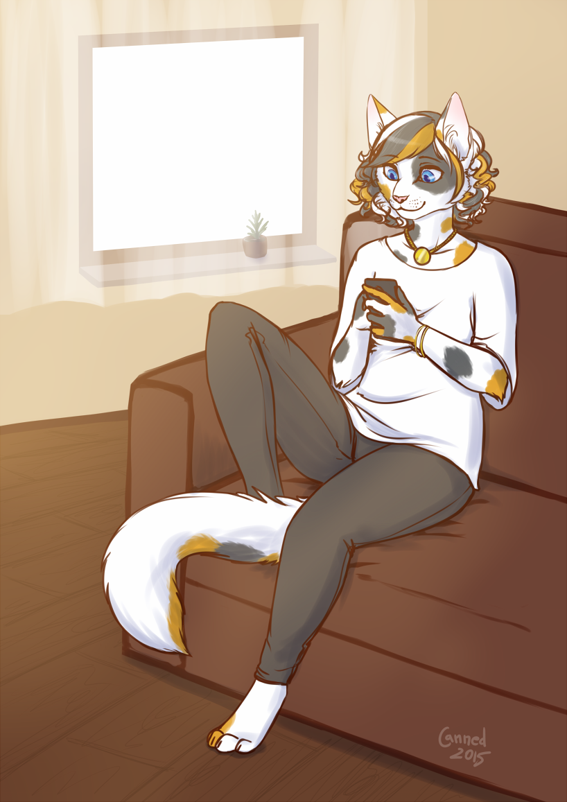 anthro barefoot biped blue_eyes clothed clothing collar electronics feet female furniture inside mottled phone piebald sitting sofa solo canned_(artist) calico_cat domestic_cat felid feline felis mammal 2015