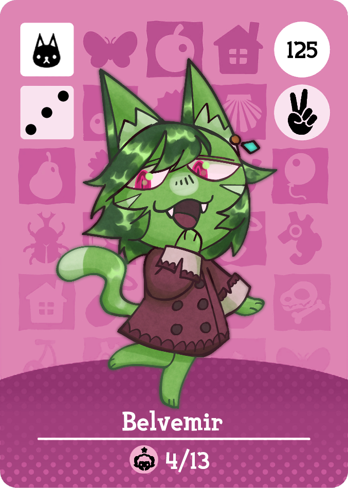 ambiguous_gender amiibo_card anthro barefoot bottomless cat_smile clothed clothing cuffed_sleeves ear_piercing ear_ring facial_markings fangs feet fur green_body green_fur green_hair hair head_markings inner_ear_fluff long_jacket markings piercing pink_background pink_eyes ring_piercing shirt shirt_only simple_background smug solo teeth topwear topwear_only tuft mousedrive animal_crossing nintendo belvemir_wrost_(mousedrive) domestic_cat felid feline felis mammal digital_drawing_(artwork) digital_media_(artwork) trans_(lore) trans_woman_(lore)