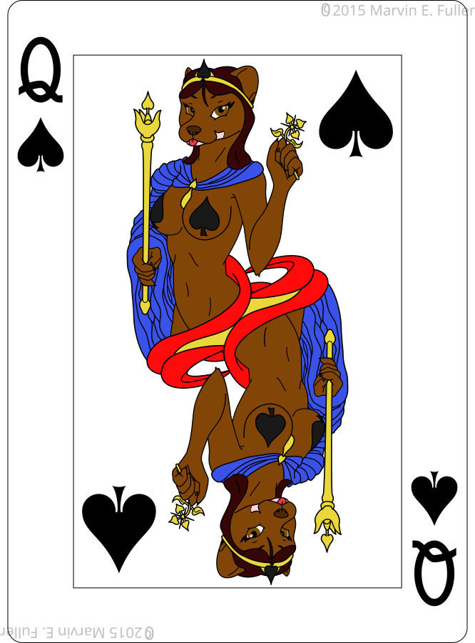 anthro breasts brown_body brown_eyes brown_fur brown_hair cape card clothing clubs_(suit) copyright_symbol crown female flower fur hair headgear looking_at_viewer pasties plant playing_card playing_card_template queen_of_spades scepter solo spades_(suit) suit_symbol symbol symmetry_(rotational) tongue tongue_out white_body white_fur cybercorn_entropic mammal mink mustelid musteline true_musteline 2015