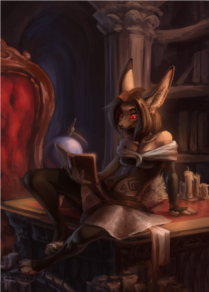 anthro black_nose book breasts brown_hair cleavage clothed clothing detailed_background digitigrade female hair red_eyes solo akineza canid canine fennec_fox fox mammal true_fox 2018 digital_media_(artwork)