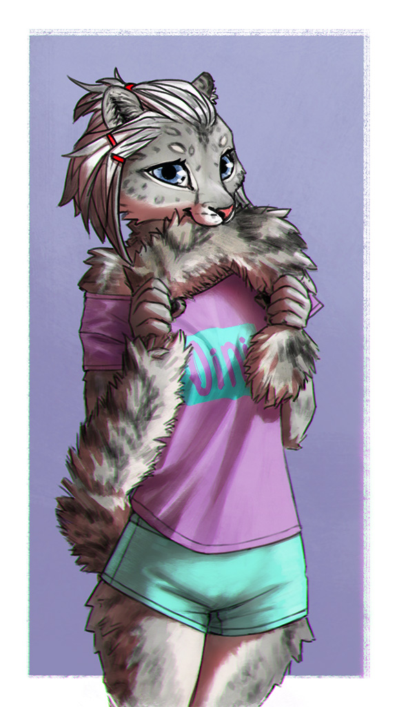 anthro biped blue_eyes clothed clothing female fur hair long_tail looking_at_viewer nom shirt solo tail tail_in_mouth text text_on_clothing text_on_shirt text_on_topwear topwear white_hair oini felid mammal pantherine snow_leopard 9:16