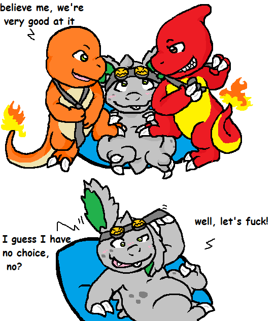 bean_bag blush bow_(feature) bow_tie brown_eyes dialogue eyewear fire flaming_tail goggles green_eyes grey_body group male necktie orange_body orange_skin profanity red_body simple_background tail text white_background guil_bunny_(artist) nintendo pokemon kishin_the_nidoran charmander charmeleon generation_1_pokemon nidoran nidoran♂ pokemon_(species) scalie comic english_text