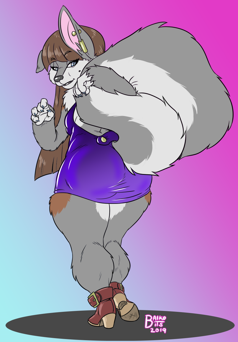 anthro biped blue_eyes breasts brown_hair butt clothed clothing colored_nails curvy_figure female footwear hair nails shoes side_boob simple_background solo tuft voluptuous wide_hips baikobits mei_(baikobits) canid canine canis domestic_dog mammal 2019