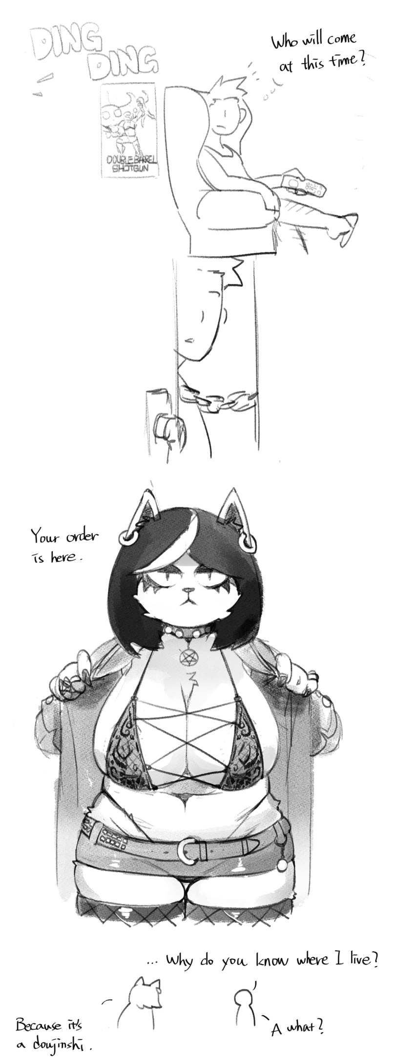 anthro breaking_the_fourth_wall breasts cleavage clothed clothing dialogue female fur looking_at_viewer male male/female text white_body white_fur mdthetest deltarune undertale_(series) catti_(deltarune) domestic_cat felid feline felis human mammal monster english_text hi_res monochrome