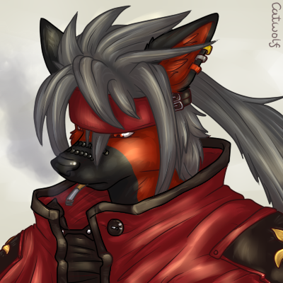 accessory alternate_species anthro black_body black_fur cigarette clothed clothing cosplay desume ear_piercing fur furrification grey_hair hair headband long_hair male piercing red_eyes simple_background smoking solo white_background catwolf arc_system_works guilty_gear deskai_(character) sol_badguy canid canine gear_(guilty_gear) mammal 1:1 bust_portrait low_res portrait