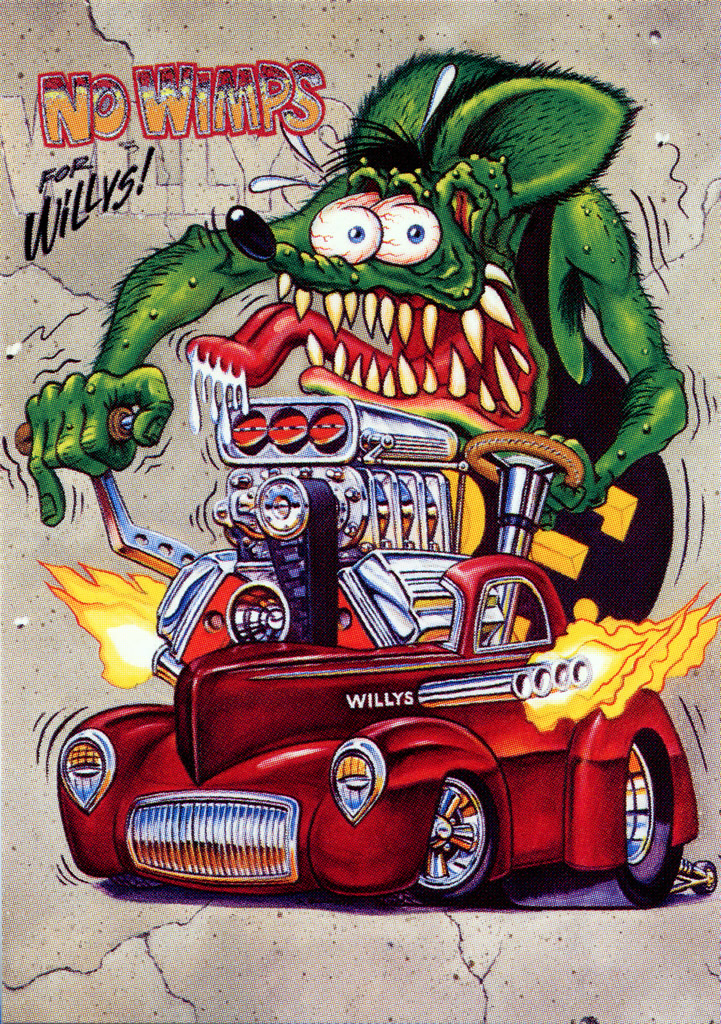 bloodshot_eyes bodily_fluids bulging_eyes butterflies_(intake) car clothed clothing fire hotrod motor_vehicle open_mouth saliva sharp_teeth supercharger sweat teeth text tongue vehicle vintage_car wheelie_bar ed_roth ed_'big_daddy'_roth willys rat_fink ambient_arthropod ambient_fly ambient_insect arthropod fly_(animal) insect mammal murid murine rat rodent