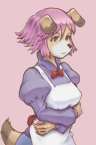 anthro apron blush clothing countershading female green_eyes hair pink_hair pose ribbons simple_background solo tail white_background conoghi cyberconnect2 little_tail_bronx mamoru-kun_(series) mamoru's_mother_(mamoru-kun) canid canine caninu canis domestic_dog mammal 2007 2:3