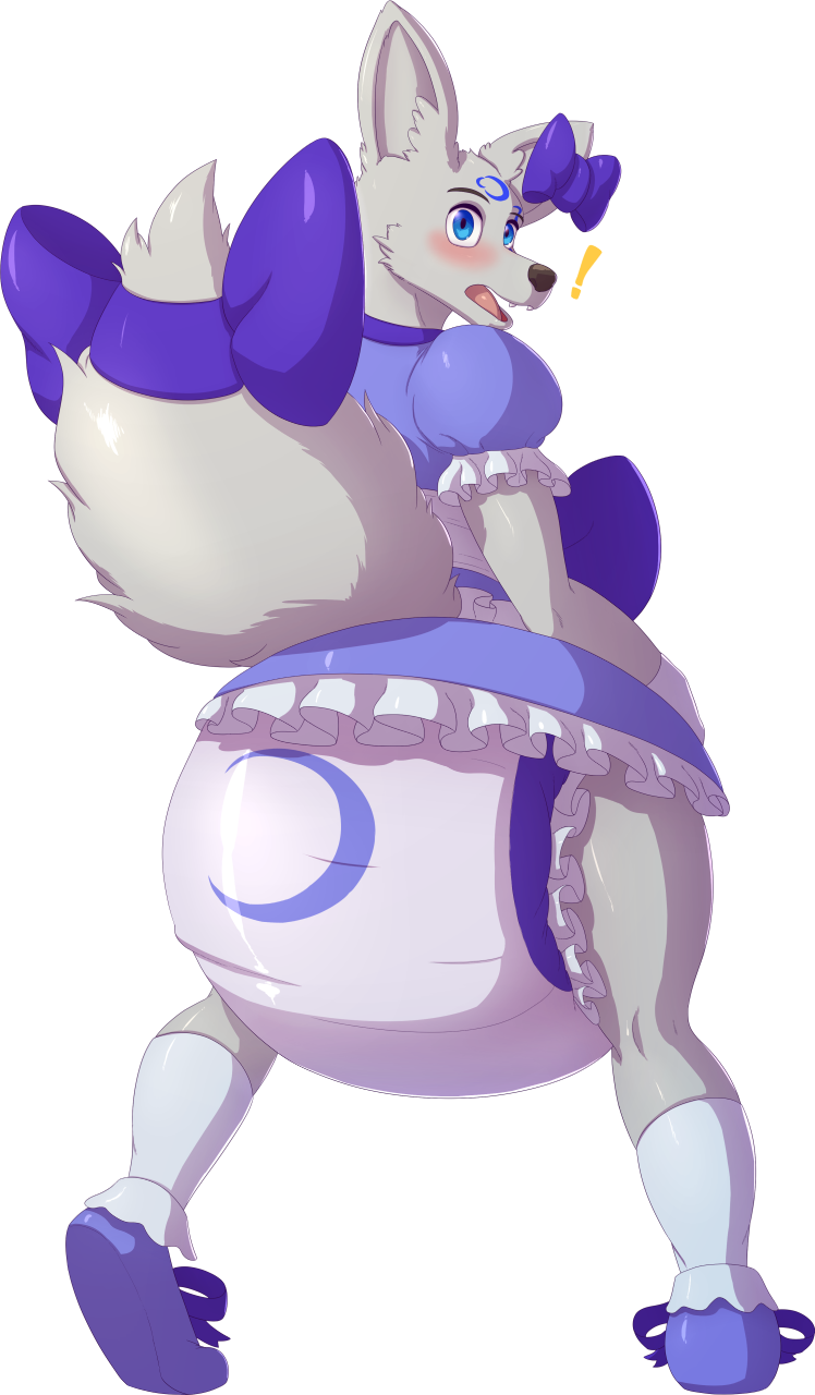 ambiguous_gender anthro blue_eyes blush bow_(feature) clothed clothing diaper dress exclamation_point femboy simple_background solo transparent_background wearing_diaper weewizzylizzy canid canine fox mammal alpha_channel hi_res