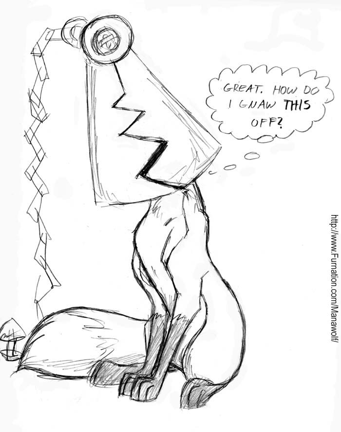 ambiguous_gender bear_trap chain feral humor simple_background sitting solo stuck tail text thought_bubble trap_(contrivance) white_background manawolf canid canine fox mammal black_and_white english_text monochrome sketch traditional_media_(artwork)