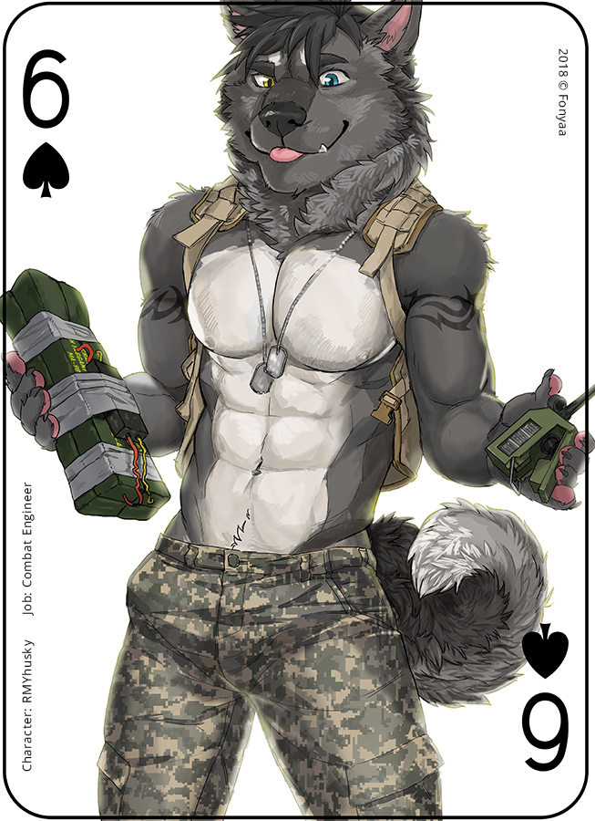 abs anthro blep bottomwear card card_template clothed clothing copyright_symbol dog_tags explosives fur grey_body grey_fur hair heterochromia male military muscular muscular_anthro muscular_male navel nipples pants partially_clothed pecs playing_card playing_card_template simple_background six_of_spades smile solo spades_(suit) standing suit_symbol symbol text tongue tongue_out topless uniform fonyaa canid canine canis domestic_dog husky mammal nordic_sled_dog spitz 2018 digital_media_(artwork) english_text