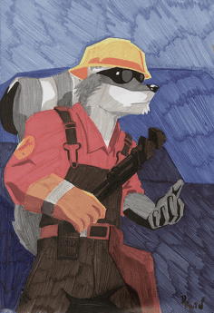 anthro armor clothed clothing cosplay eyewear goggles hard_hat headgear helmet holding_object holding_tool male monkey_wrench solo tools wrench dbruin team_fortress_2 valve artyskox engineer_(team_fortress_2) mammal mephitid skunk striped_skunk low_res