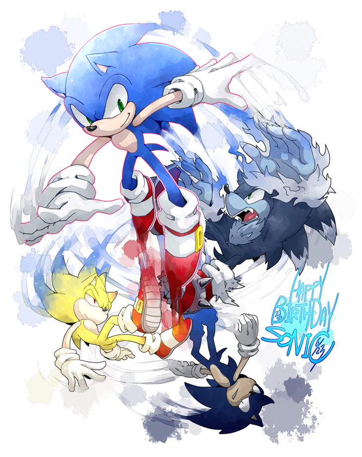 anthro blue_body blue_fur claws clothing footwear frown fur gloves green_eyes grey_body grey_fur group handwear happy_birthday male open_mouth red_eyes sharp_teeth shoes simple_background smile square_crossover super_form teeth white_background yellow_body yellow_fur wantake sega sonic_the_hedgehog_(series) sonic_unleashed dark_sonic sonic_the_hedgehog sonic_the_werehog super_sonic eulipotyphlan hedgehog mammal werecreature wereeulipotyphlan werehog 2012