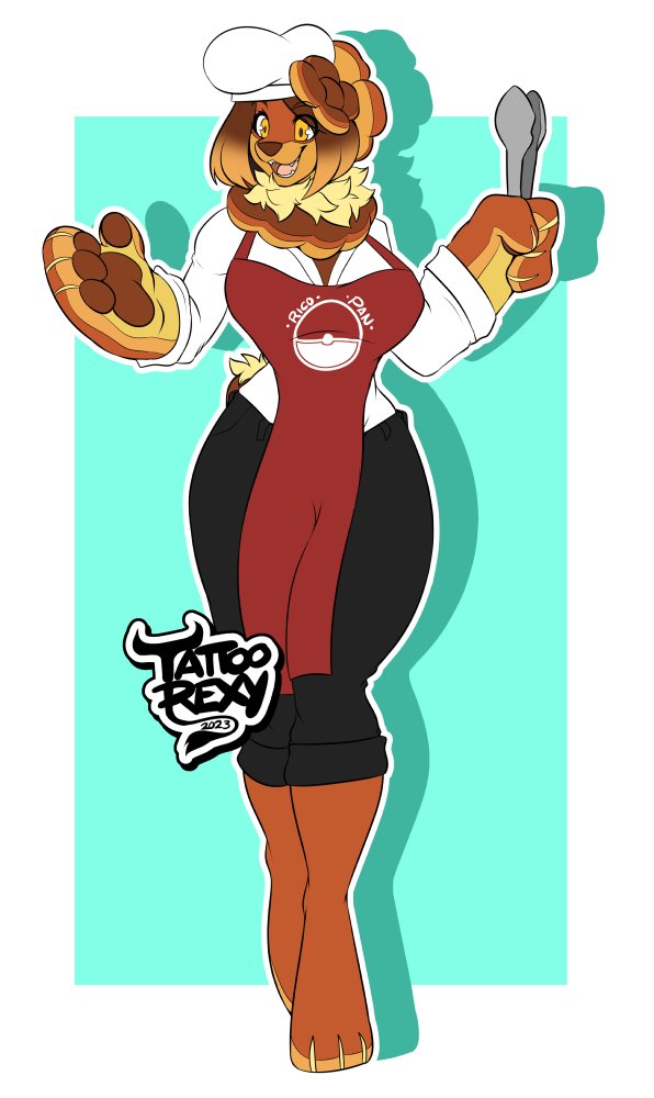 anthro apron bottomwear breasts brown_body brown_hair chef_hat clothing female hair hat headgear headwear pants paws shirt simple_background solo topwear yellow_eyes tattoorexy nintendo pokemon dachsbun generation_9_pokemon pokemon_(species)