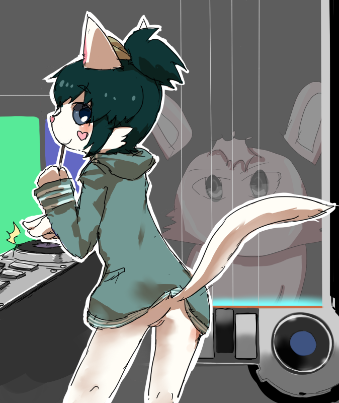 anthro blush bottomless breasts butt censored_version_at_source cheek_tuft clothed clothing dj_set facial_tuft female flat_chested fur genitals green_clothing green_hair green_hoodie green_topwear grey_eyes hair hoodie looking_at_viewer looking_back pocky_in_mouth pussy small_breasts solo tail text topwear tuft white_body white_fur young young_anthro young_female minnnanihanaisixyo third-party_edit beatmania beatmania_iidx bemani konami paperman theresa_(paperman) domestic_cat felid feline felis mammal censor_removal_edit