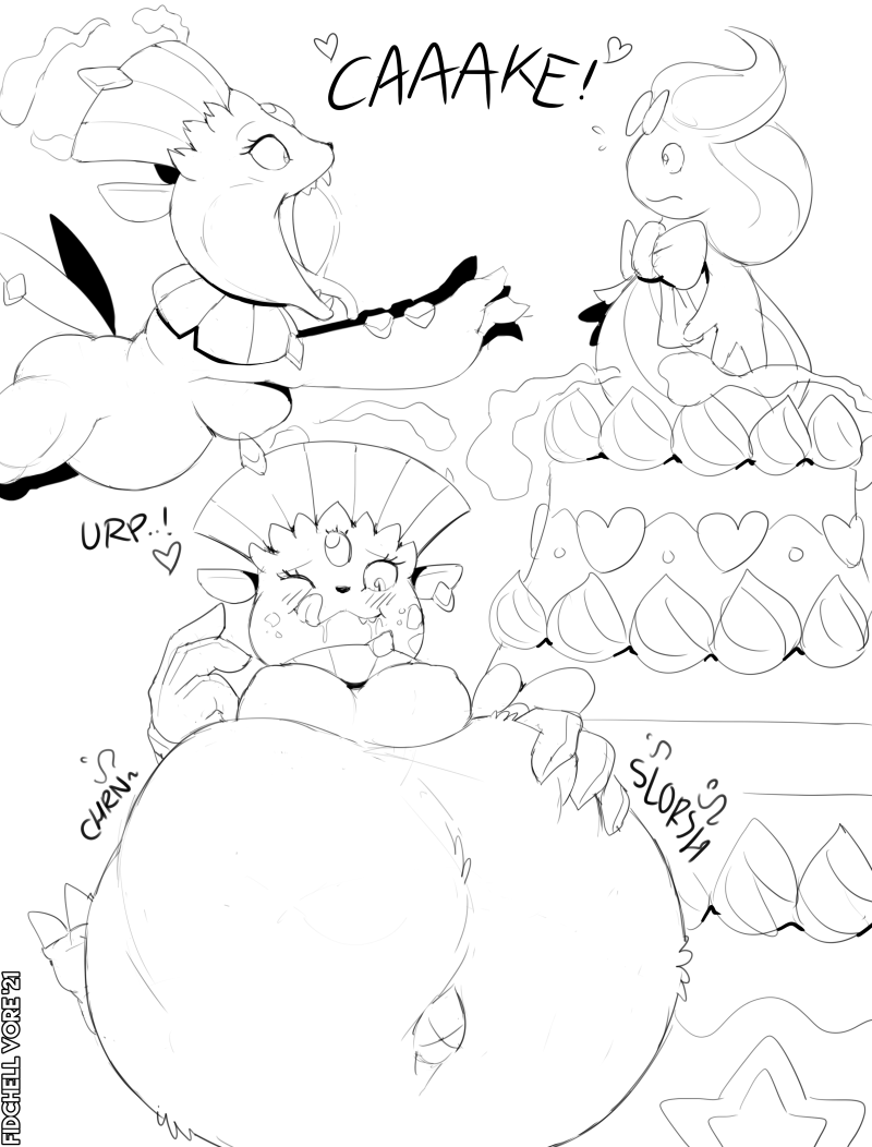 2_tails 2_toes 3_fingers abdominal_bulge ambiguous_gender ambiguous_prey anthro anthro_pred anthro_prey belly belly_tuft big_belly biped black_nose black_text blush bodily_fluids bodily_noises bow_tie breasts burping cake churn claws derived_sound_effect dessert detailed_navel dialogue different_sound_effects digestion dripping drooling duo ear_piercing exclamation_point fangs feet female female_pred fingers food food_hair front_view fur fur_tuft hand_on_belly head_tuft heart_after_text heart_before_text heart_symbol hungry jumping licking licking_lips licking_own_lips looking_at_another looking_at_own_belly looking_down membrane_(anatomy) midair mostly_nude multi_tail navel nipples nude on_ground one_eye_closed onomatopoeia open_mouth oral_vore outie piercing pseudo_clothing pseudo_hair rumbling_stomach saliva saliva_drip saliva_string same_size_vore satisfied screaming self_lick semi-anthro shortened_sound_effect side_boob side_view simple_background sitting slorsh slosh sloshing_belly small_tail soft_vore sound_effect_variant sound_effects spread_legs spreading standing star stuffing surprise tail teeth text text_with_heart three-quarter_view toe_claws toes tongue tongue_out tuft vore vowelless vowelless_sound_effect white_background white_text wide_eyed year yelling fidchellvore nintendo pokemon shard_(fidchellvore) alcremie dynamax_pokemon generation_4_pokemon generation_8_pokemon pokemon_(species) weavile 2021 black_and_white comic dated digital_drawing_(artwork) digital_media_(artwork) english_text line_art monochrome multiple_scenes sketch watermark