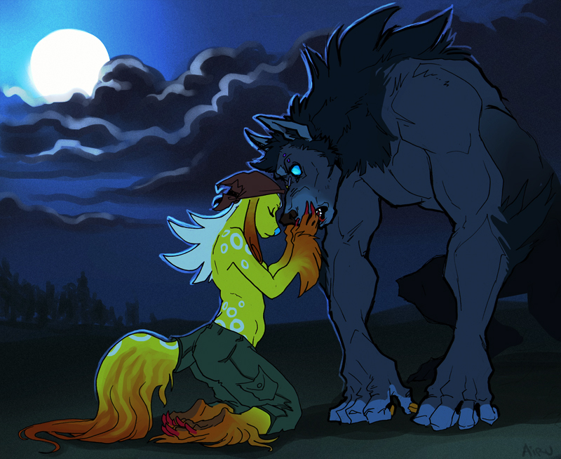 anthro blue_eyes caressing claws clothed clothing cloud duo eyebrow_piercing eyes_closed facial_piercing female kerchief kneeling male moon night outside piercing romantic romantic_ambiance romantic_couple size_difference sky tail topless airu mythology canid canine canis mammal mythological_canine mythological_creature werecanid werecanine werecreature werewolf wolf