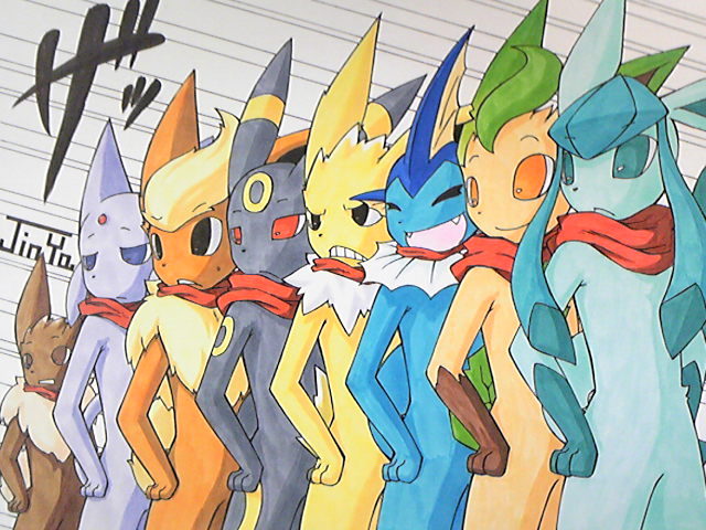 ambiguous_gender anthro anthrofied black_eyes blue_eyes brown_eyes group pokemorph pose purple_eyes red_eyes scarf team_pose yellow_eyes akabane_jin nintendo pokemon canid canine eevee eeveelution espeon flareon generation_1_pokemon generation_2_pokemon generation_4_pokemon glaceon jolteon leafeon mammal pokemon_(species) umbreon vaporeon 4:3