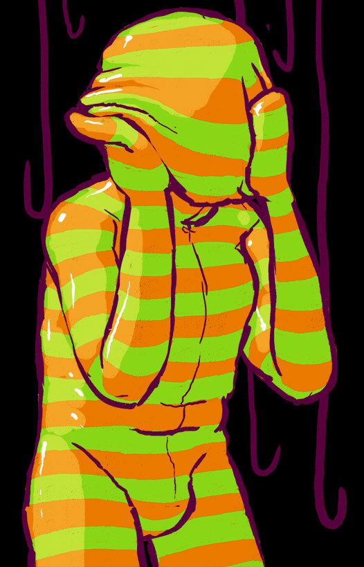 creases featureless_crotch featureless_face forced forced_transformation glistening glistening_body green_stripes implied_transformation male mitten_hands not_furry simple_background solo standing striped_body stripes transformation zentai swatcher humanoid