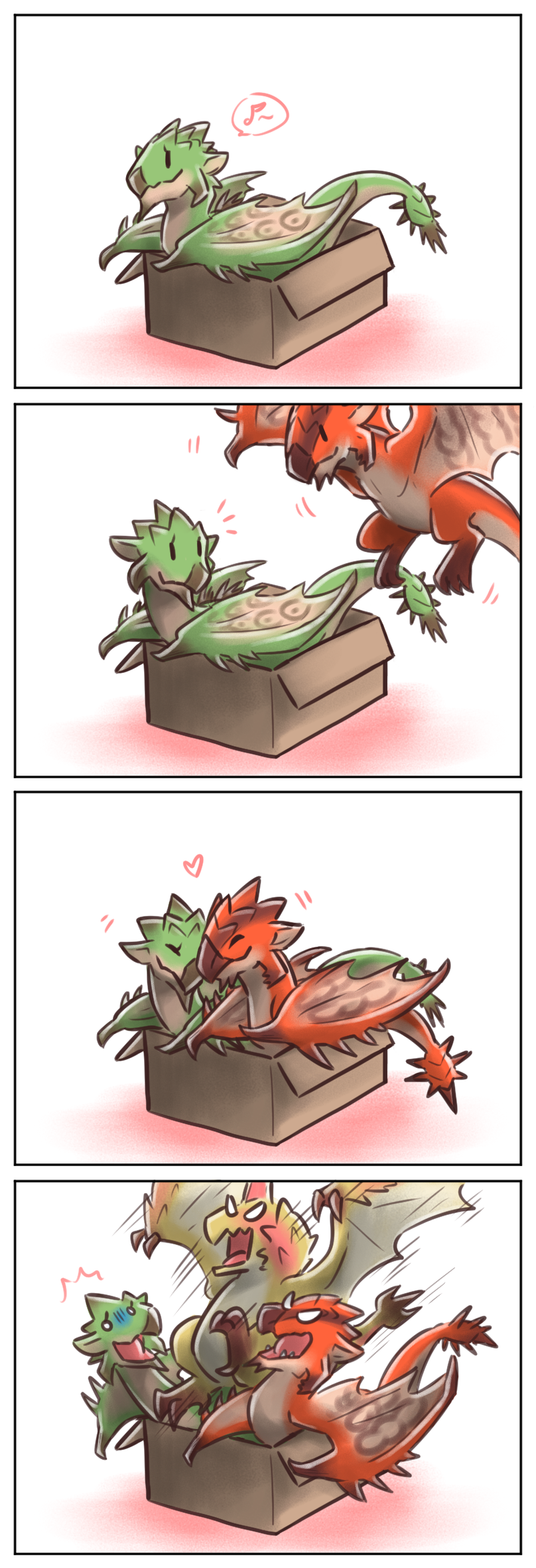 ambiguous_gender box container feral group horn humor in_box in_container membrane_(anatomy) membranous_wings romantic romantic_couple simple_background white_background wings canes-cm capcom monster_hunter flying_wyvern rath_wyvern rathalos rathian reptile scalie seregios 2016 comic digital_media_(artwork) hi_res