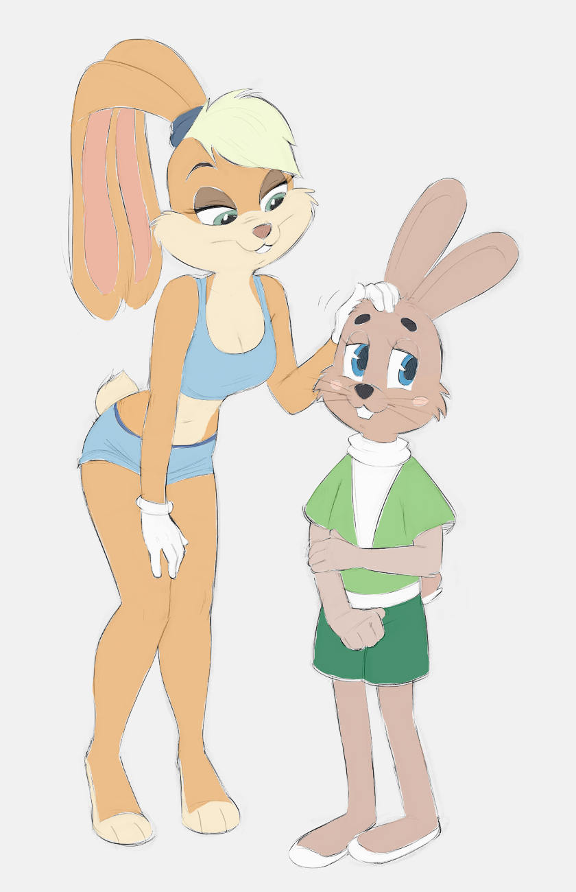 anthro blue_eyes bottomwear breasts cleavage clothed clothing duo eyebrows female green_eyes hair male male/female midriff patting shorts sportswear standing whiskers kitsune2000 looney_tunes soyuzmultfilm warner_brothers well_just_you_wait! lola_bunny zayats_(wjyw) hare lagomorph leporid mammal rabbit hi_res