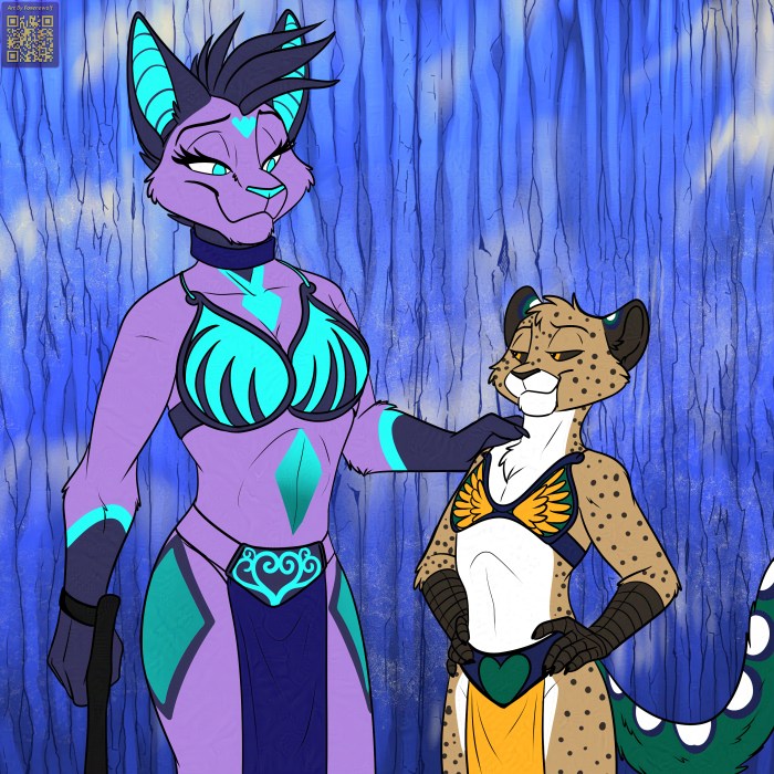 anthro black_sclera blue_eyes blue_nose bottomwear breasts brown_body brown_fur cleavage clothed clothing collar costume countershade_torso countershading duo female fur half-closed_eyes loincloth machine male male/female markings narrowed_eyes purple_body purple_fur scuted_arms scutes slave_leia_costume spots spotted_body spotted_fur yellow_eyes foxenawolf star_wars turbo_mcgogo_(commissioner) diamond_(turbo_mcgogo) turbo_(turbo_mcgogo) avian bird cheetah felid feline galliform hybrid mammal peafowl phasianid robot 1:1 adversarial_noise