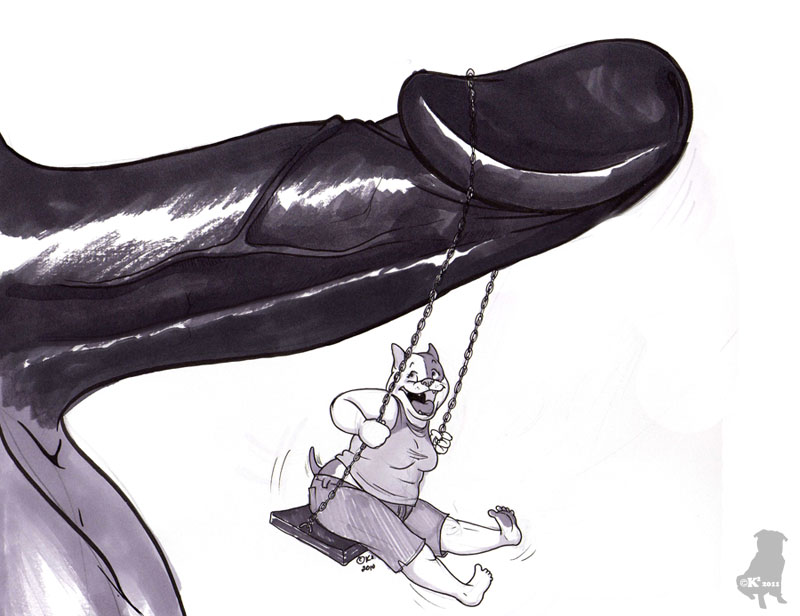 anthro chain duo erection extreme_size_difference genitals hyper male penis simple_background size_difference solo_focus swing white_background bloodhound_(artist) bloodhound_(character) monochrome