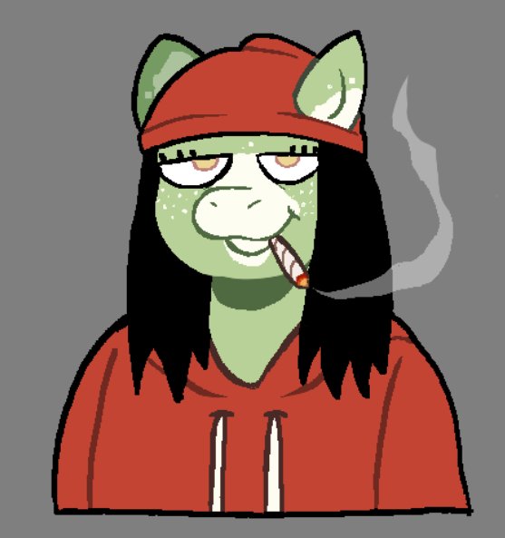 anthro beanie black_hair clothed clothing countershade_ears countershade_face countershading drugs eyelashes female freckles front_view green_body hair hair_on_shoulders half-closed_eyes hat headgear headwear hoodie looking_at_viewer marijuana narrowed_eyes open_mouth open_smile red_beanie red_clothing red_hat red_headwear red_hoodie red_topwear smile smoke smoking smoking_marijuana snout solo topwear white_body white_countershading yellow_eyes cassicat unknown_character mammal unknown_species 2023 bust_portrait digital_media_(artwork) portrait