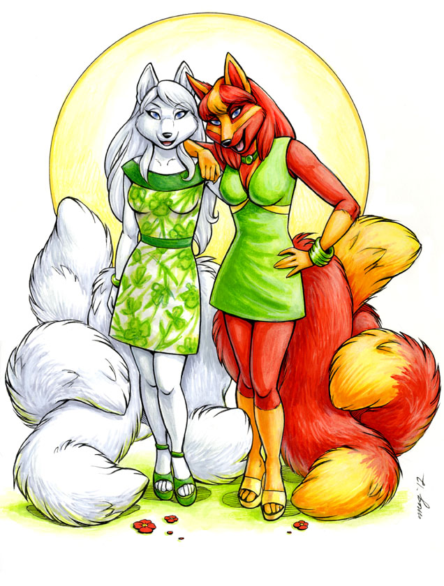 anthro breasts clothed clothing dress duo female fur hair leaning multi_tail open_mouth simple_background tail white_background megan_giles krinele_fullin molly_fullin canid canine dreamspinner fox mammal 2012