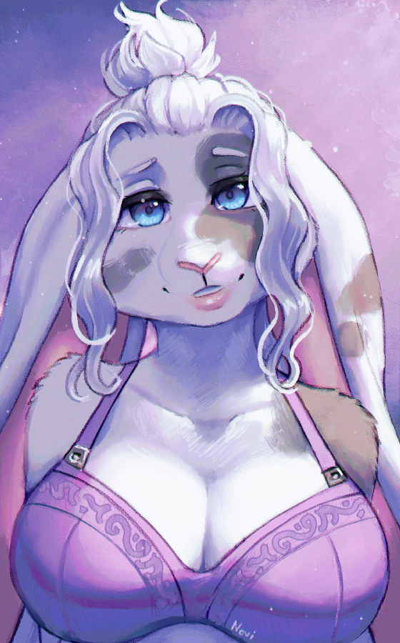 anthro big_breasts blue_eyes bra breasts cleavage clothed clothing eyelashes female fur grey_markings hair lips long_ears looking_at_viewer markings mottled pink_inner_ear pink_lips pink_nose purple_bra purple_clothing purple_underwear simple_background smile solo thick_bottom_lip tied_hair underwear underwear_only white_body white_fur white_hair noviraine fern_(tasanko) lagomorph leporid mammal rabbit 2023 digital_media_(artwork) portrait signature