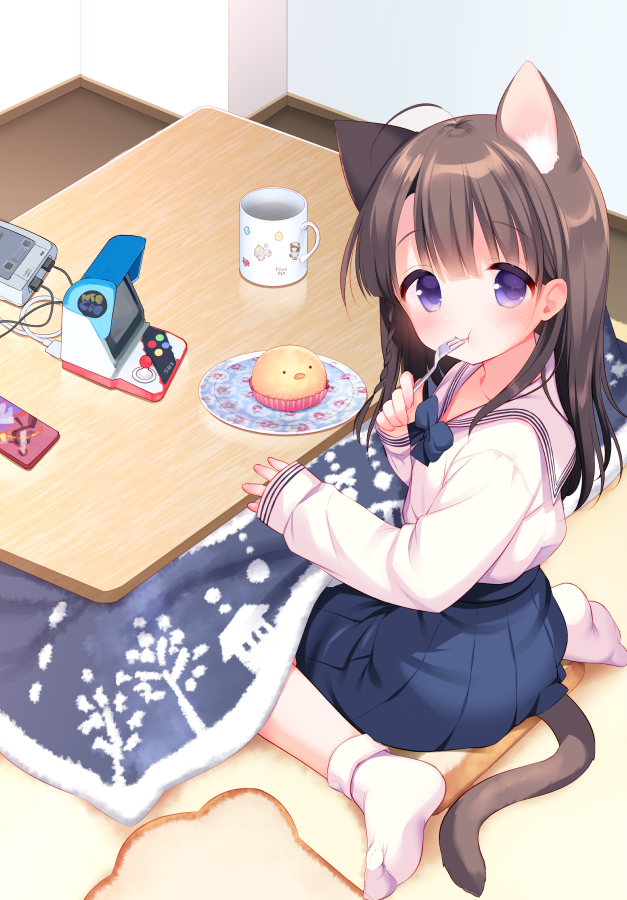 asian_clothing bottomwear brown_hair clothed clothing container cup cutlery east_asian_clothing eating female food footwear fork furniture hair japanese_clothing japanese_school_uniform kitchen_utensils kotatsu legwear purple_eyes school_uniform serafuku shirt sitting skirt socks solo table tools topwear uniform wariza young nyakocha neo_geo animal_humanoid cat_humanoid felid felid_humanoid feline feline_humanoid humanoid mammal mammal_humanoid 2019