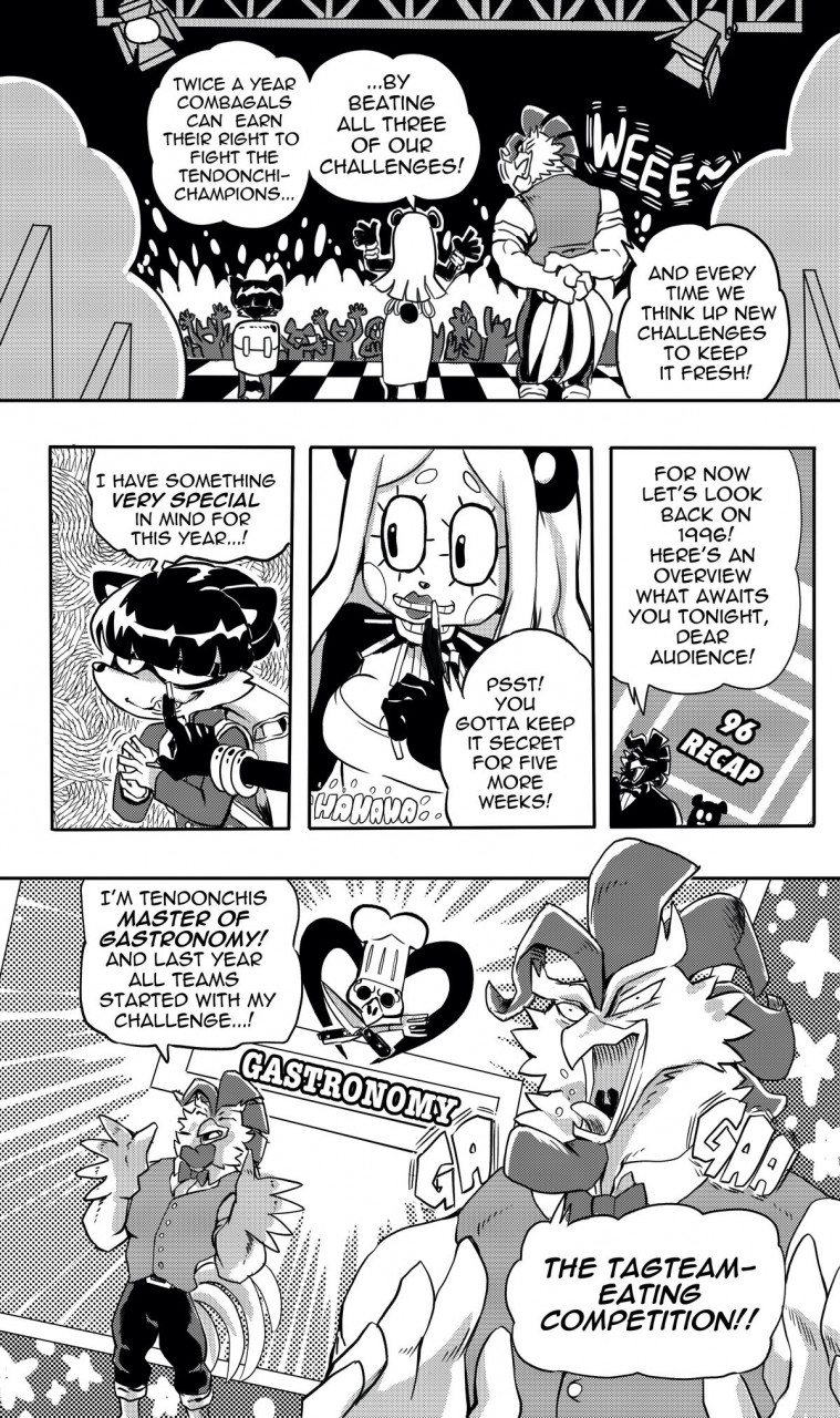 anthro crowd dialogue female group male speech_bubble stage text trio daigaijin furryfight_chronicles brida golgadoo stonker avian bear bird chicken galliform gallus_(genus) giant_panda mammal phasianid procyonid raccoon comic hi_res monochrome